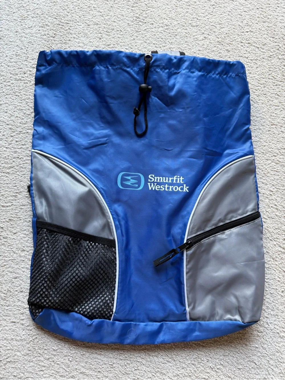 Blue Drawstring Backpack with Gray Accents